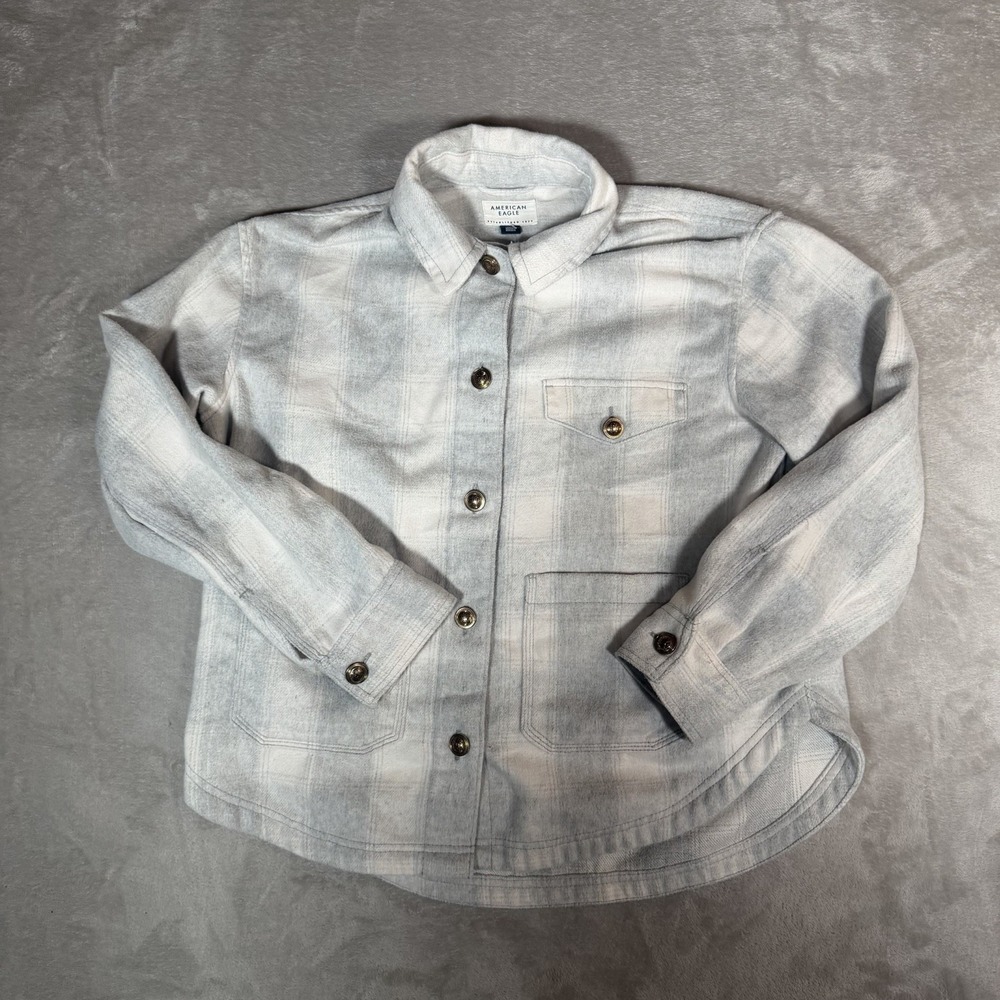 American Eagle Plaid Fleece Shacket Women's M Gray White Button Front